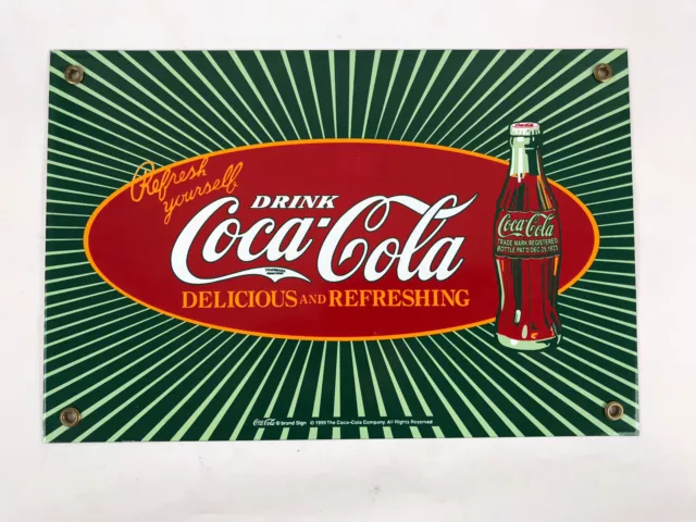 Drink Coca Cola Delicious and Refreshing 1999 Reproduction PORCELAIN Sign 8 X 12