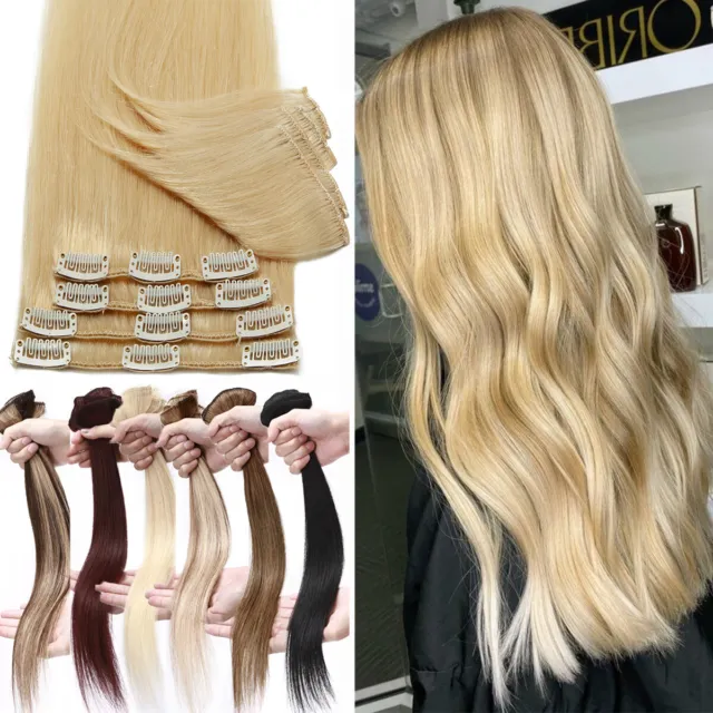 AU 100% Real BLONDE Clip in Remy Human Hair Extensions 8 Pieces Silky Full Head