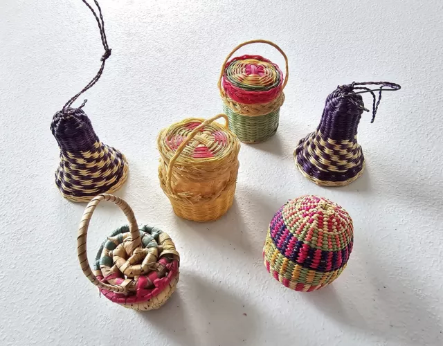 Lot Of 6 Straw Handwoven Mini Baskets ,Bells & Oval Ball ~ Mexico