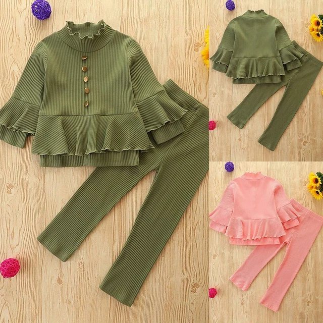 Kid Girls Ruffle Long Sleeve Tops+Pants Toddler Ribbed Outfits 2pcs Clothes Set