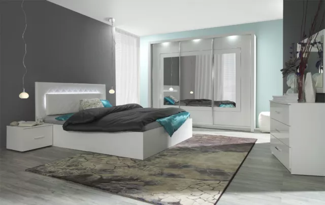 Komplett Schlafzimmer Panarea Hochglanz Weiß mit LED Bett, Schrank, 2 x Nako
