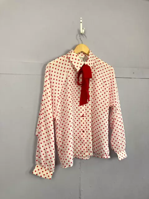 Vintage Blouse, Red White Polka Dot, UK16-18, Neck Tie, 80s, Rockabilly