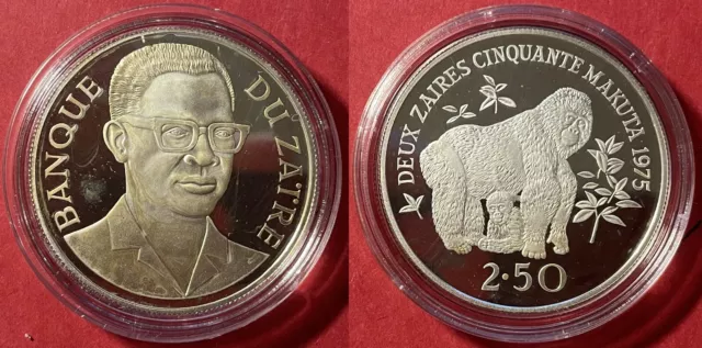 Zaire 1975 2.5 Zaïres Conservation Gorila KM-9 Silver (.925) PROOF #99