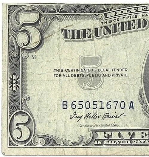 1953 Five Dollar Silver Certificate w/ Multiple Errors