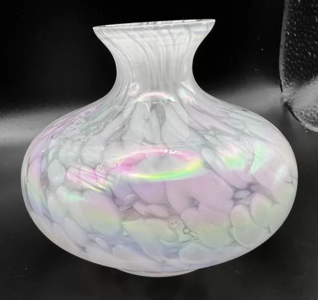 Vintage Iridescent Glass Hand Blown Decorative Rainbow Vase White