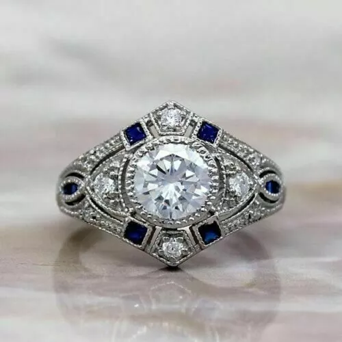 Art Deco Style Round Cut Lab-Created Diamond & Sapphire Wedding Ring 925 Silver