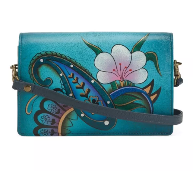 ANNA BY ANUSCHKA Paisley Leather Hand Painted Crossbody Wallet Organizer NWT