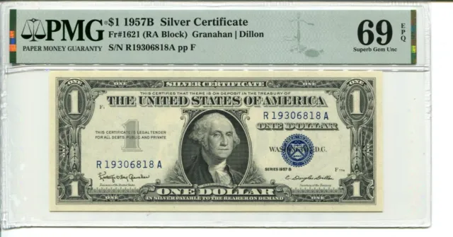 Fr 1621 1957B $1 Silver Certificate Pmg 69 Epq Superb Gem Uncirculated