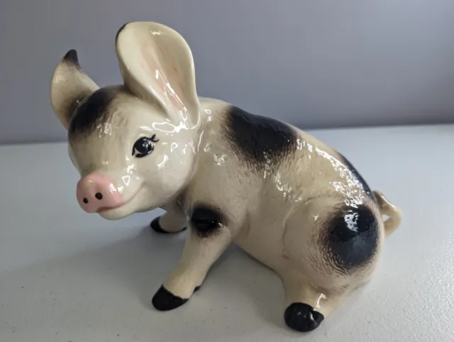 Vintage Hand Painted Ceramic Sitting Pig Figurine Textured 6”H x 8”L