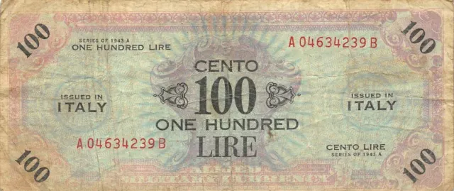 Italy  100  Lire   Series  of 1943 A  Block A-B  WWII  Circulated Banknote MEit