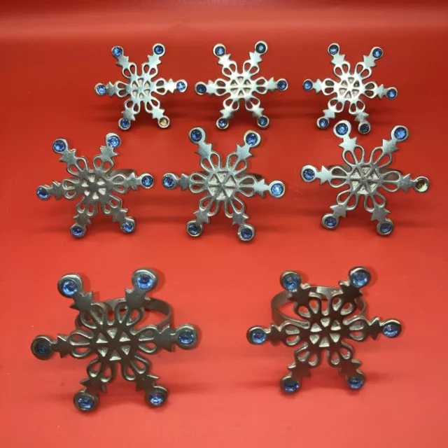 Christmas Snowflake Napkin Rings Vintage 8 Pc Blue Gem Silver Color-READ