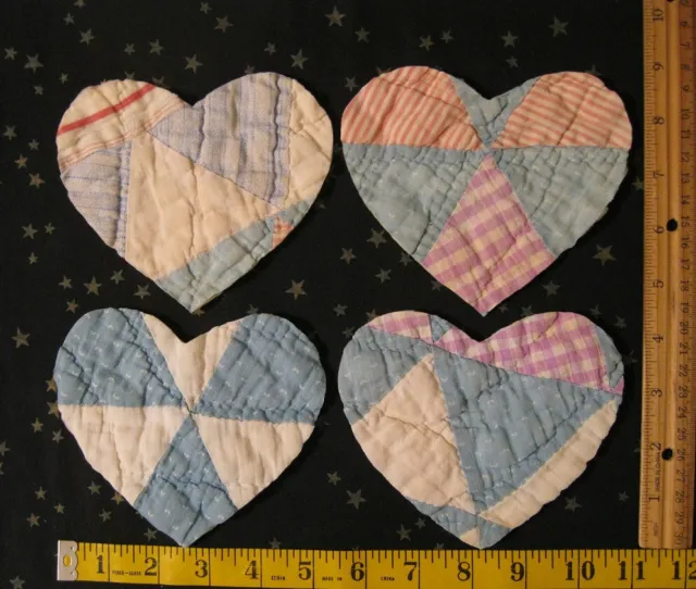 4 Vtg antique cutter quilt hearts x-large! 5" apx blue multi Craft Applique FUN