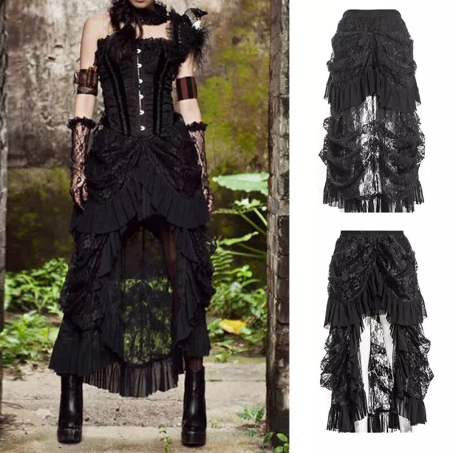 NEW Women Retro Victorian Lace Up Ruffle Steampunk Gothic Goth Punk Long Skirt