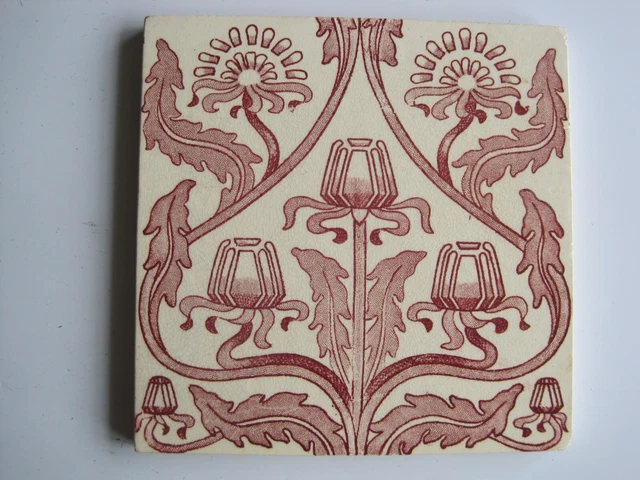 Antique 6" Art Nouveau Burgundy Transfer Print Tile - T & R Boote C1906/7