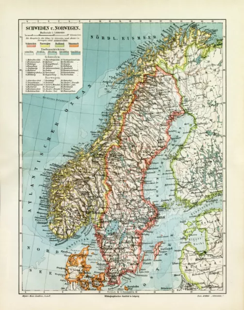 Schweden & Norwegen historische Landkarte Lithographie ca. 1907 antike Karte