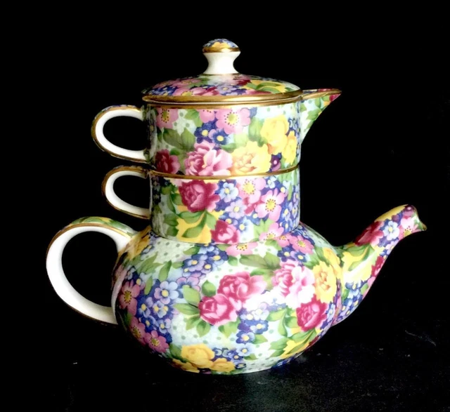ROYAL WINTON JULIA GRIMWADES CHINTZ STACKING TEAPOT FOR ONE creamer sugar set