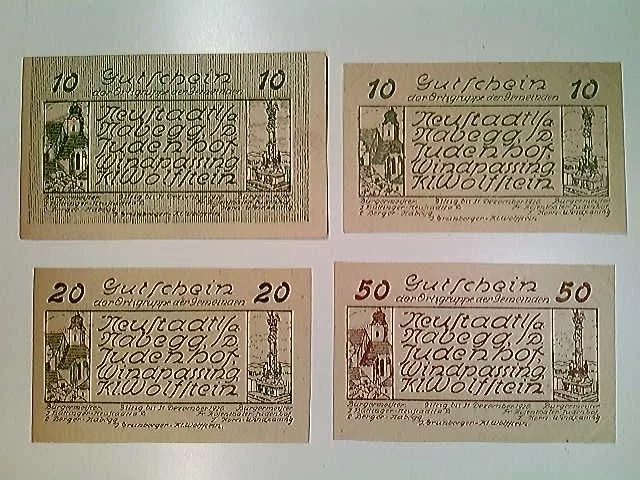 Notgeld, Neustadt/Nabegg/Judenhof/Windpassing/Kl.Wolfstein, Östrreich, 2x 10, je