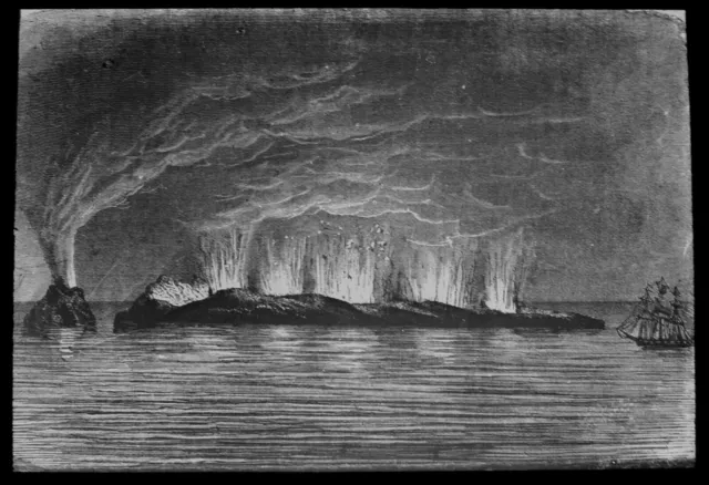 ANTIQUE Magic Lantern Slide ERUPTION OFF SICILY C1910 ILLUSTRATION VOLCANO