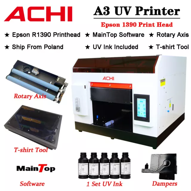 ACHI A3 UV Printer Epson R1390 Nozzle Flatbed Cylindrical Glass Metal 3D Printed