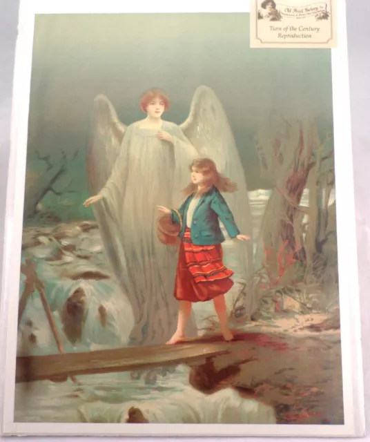 Victorian Lithograph Print Picture "Guardian Angel With Girl " 12X16