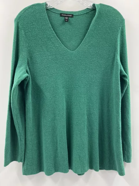 Eileen Fisher Women’s 3/4 Sleeve V Neck Tunic Sweater Linen Blend Green Size M