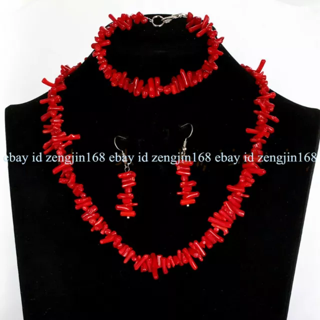 3x10mm Natural Red Coral Chip Gems Beads Necklace Bracelet Earrings Jewelry Set