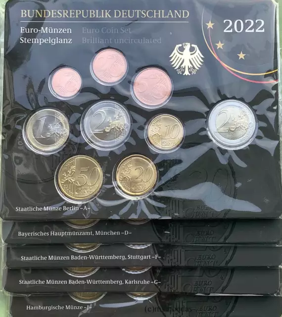 Deutschland Off. Euro KMS 2022 BU 1 Cent bis 2 Euro + 2 € cc 5 x Blister ADFGJ