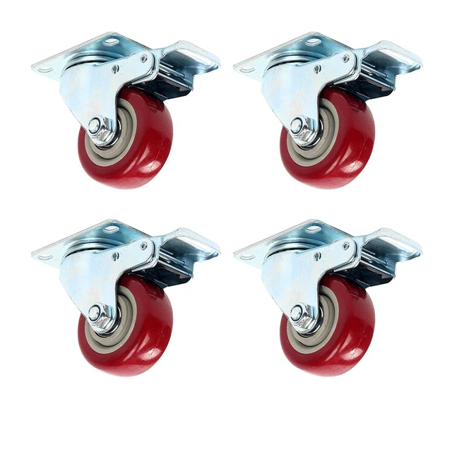 4 X 3 Inch Caster Wheels Swivel Plate Stem Break Casters On Red Wheels US SHIP