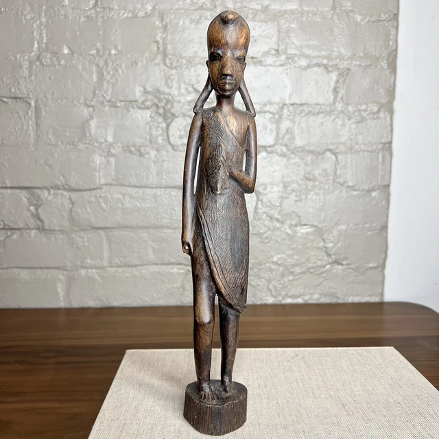 Vintage African Tanganyika DRC Congo Ebony Wood Tribal Warrior Art Statue 12.75”