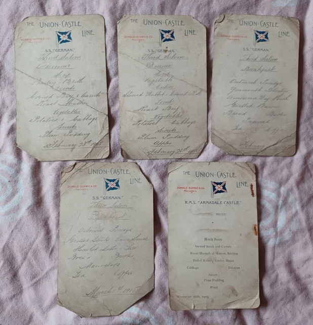 5x Antique 1905 Union Castle Line Ship Menus S.S. German & RMS Armadale