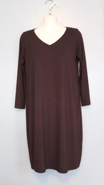 Eileen Fisher Brown V Neck 3/4 Sleeve Jersey Knit Stretch Dress XXS