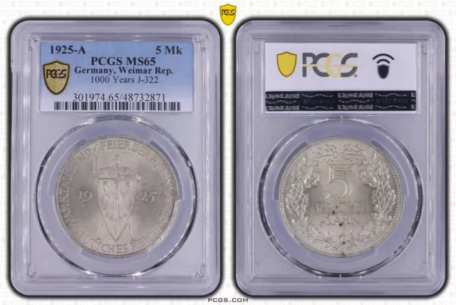 Münze 5 Reichsmark 1925 A Rheinlandfeier im Holder PCGS MS65 toll nswleipzig