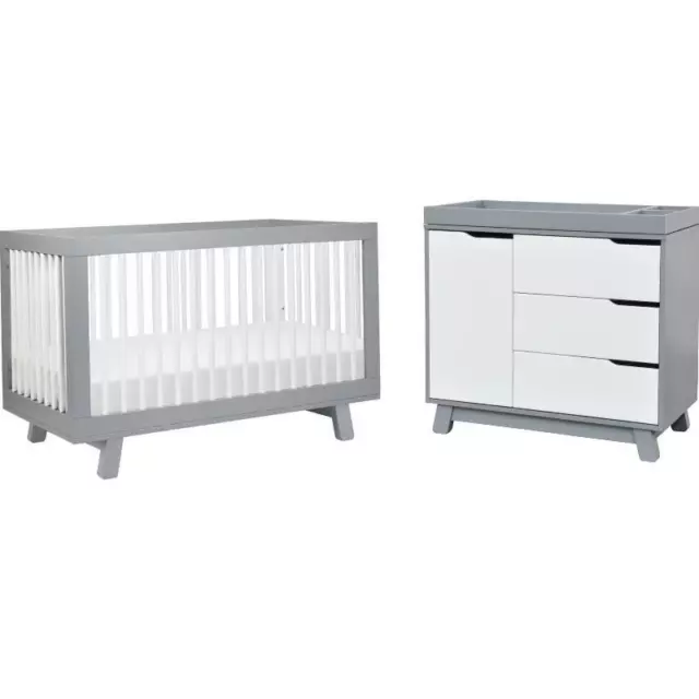 4-in-1 Convertible Baby Crib with Dresser with Changing Tray Set in Gray