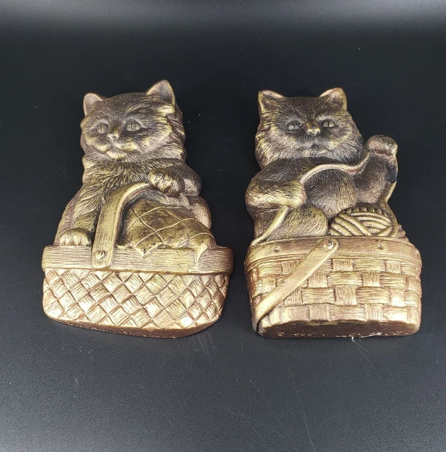 VINTAGE PAIR MILLER Studio Chalkware Gold Kittens Cats Baskets Wall