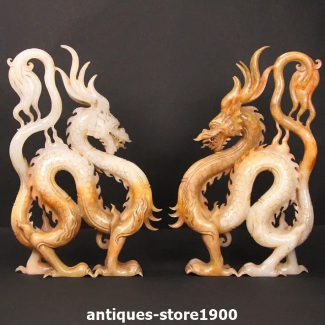 8.2'' Old China Dynasty Hetian Jade Fengshui Lucky Dragon Statue Pair