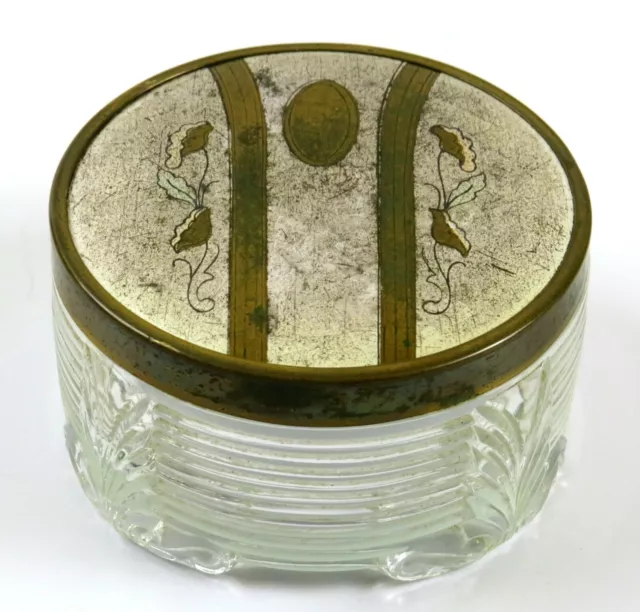 Vintage Clear Glass Round Trinket Box with Floral Design Metal Lid, 3 1/2" Dia.