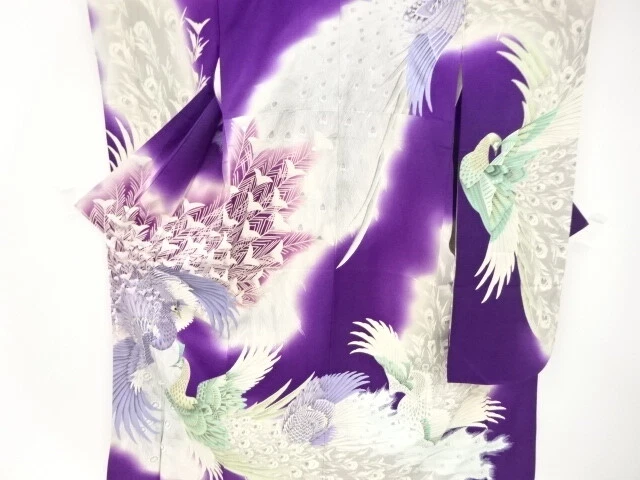 98539# Japanese Kimono / Antique Furisode / Embroidery / Peacock