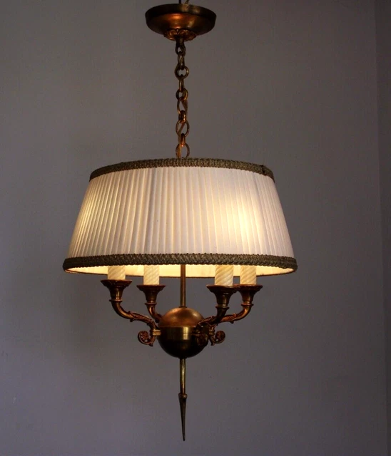 French Antique Empire Style 4 Light Chandelier Pleated Cream Fabric Shade 4311 French Antique Empire Style 4 Light Chandelier Pleated Cream Fabric Shade 4311
