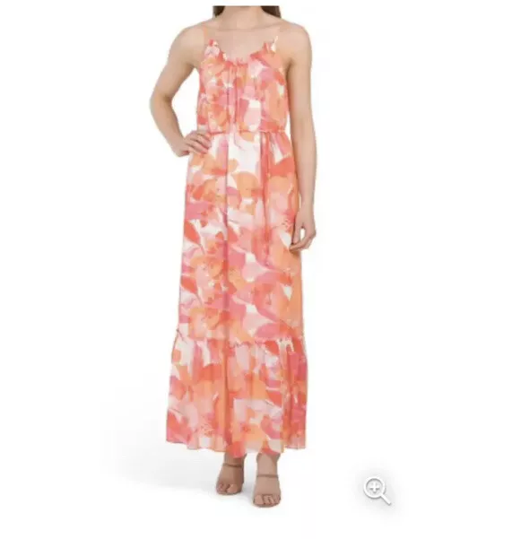 Nicole Miller New York Floral Chiffon Tiered Maxi Dress Size L New Without Tag