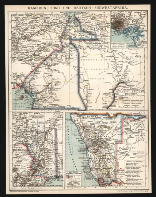 Landkarte anno 1894 - Kolonien Kamerun Togo Deutsch-Südwestafrika Schutzgebiete