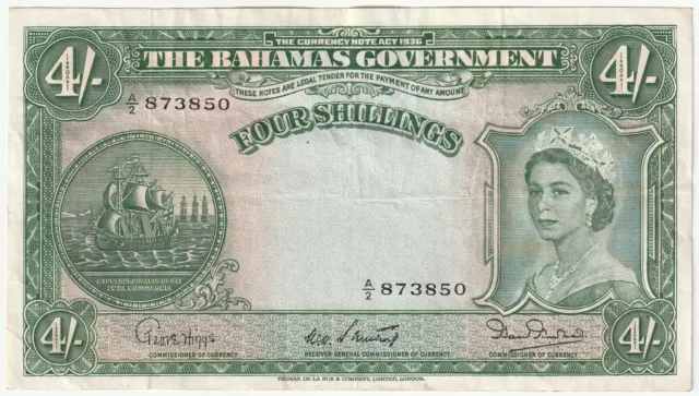 Bahamas Government 4 Shillings Banknote 1953 ChVF-Very Fine P#13D"Free Shipping"