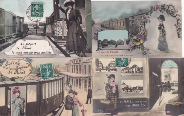 Lot of 4 Antique Postcards PARIS Souvenir Friendships Train Station Postcards