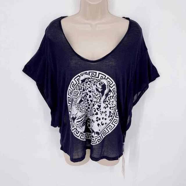 Lauren Moshi Calypso Oversized Sleeve Leopard Medallion Tee Sheer NEW Sz XS Navy