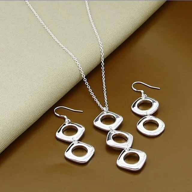 Womens 925 Sterling Silver Filled square Pendant Chain Necklace Earrings Set