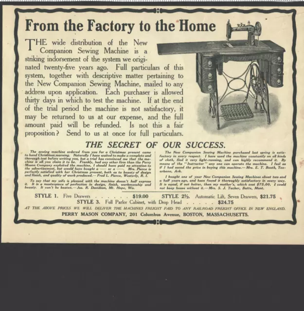 1907 Print AD Perry Mason Co. Companion Sewing Machine Antique Ephemera