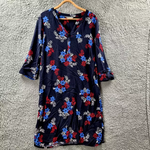 Jacqui E Womens Shift Dress Size 10 Navy Blue Red White Floral 3/4 Sleeve V-Neck