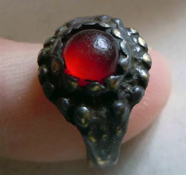 Ancient Roman Bronze Ring With Red Stone Corniola  Circa 5Th - 6Th Very Rare