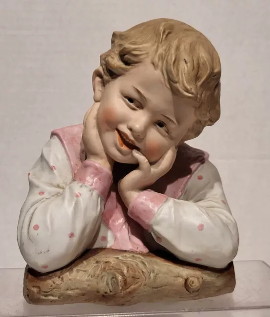 Antique Bisque Porcelain Piano Baby. Boy Leaning On Log. German Marked & Artist.