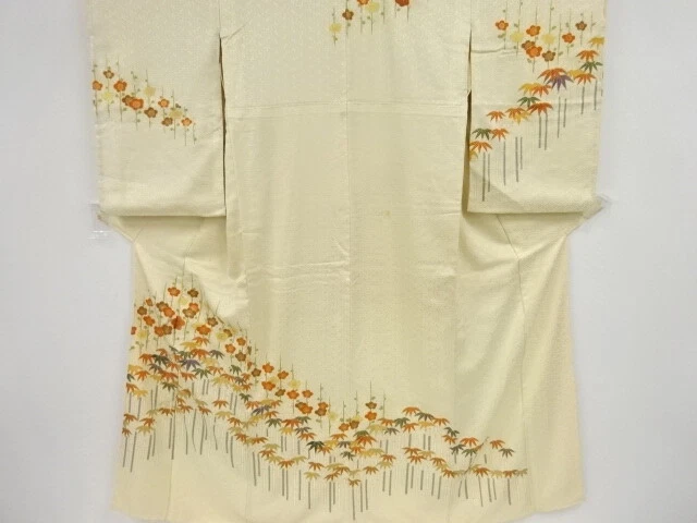 42793# Japanese Kimono / Antique Kimono / Embroidery / Ume With Bamboo Grass