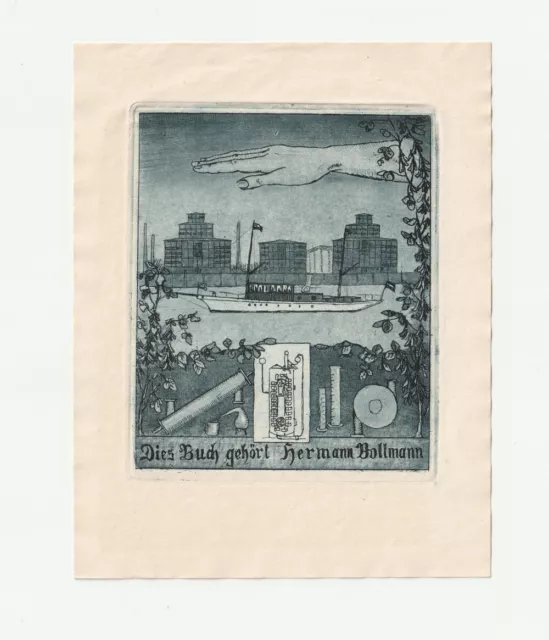 HANS EBERHARD BAHRE: Exlibris für Hermann Bollmann, chem. Geräte, Segelschiff
